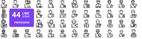 Set of 44 thin line profession icons. Therapist, programmer, lawyer, doctor, engineer, chef, pilot and more occupations. Outline vector illustration