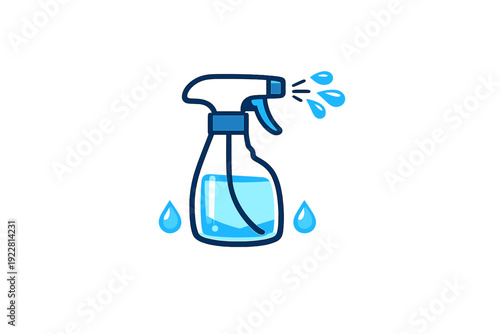 This illustration shows a blue spray bottle filled with liquid, emitting droplets from its nozzle against a black background. It includes two separate water drops on either side.