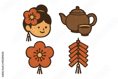 A set of four stylized illustrations for Lunar New Year featuring a girl with a flower in her hair, a teapot with a cup, a plum blossom, and a string of firecrackers on a black background.