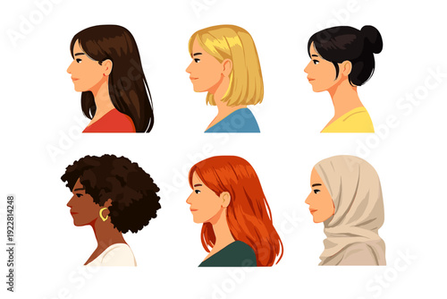 A collection of six profile portraits showing diverse women with various hairstyles and ethnicities, including a woman wearing a hijab, presented in a clean flat illustration style.