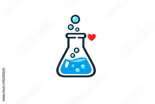 A minimalist flat design illustration of a laboratory conical flask filled with bubbling blue liquid and a small red heart symbol, isolated on a solid black background.