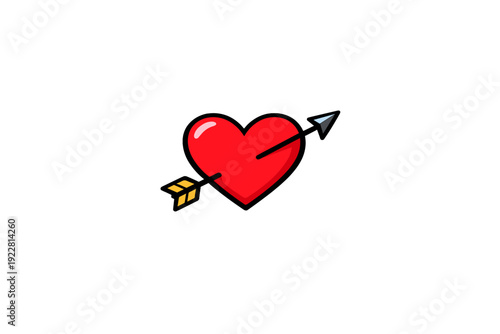 A red heart illustration pierced by a black arrow with yellow fletching and a grey tip, set against a solid black background. This graphic represents love and romance.