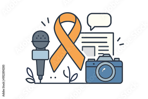A flat minimal illustration featuring an orange awareness ribbon surrounded by journalism icons like a microphone, a camera, a speech bubble, and a newspaper on a dark background.