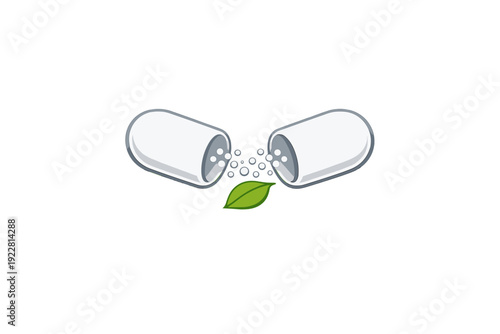 An illustration of a white medicinal capsule split in half with small white granules spilling out over a single green leaf, set against a solid black background.