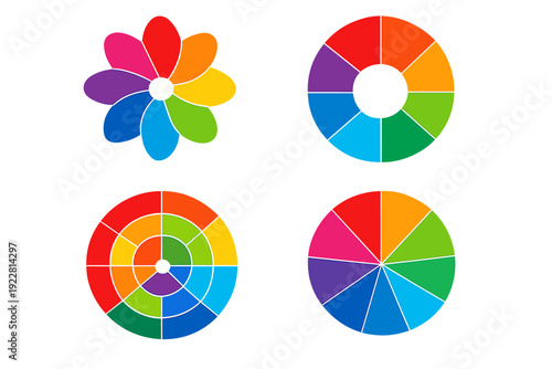 Four different colorful circular diagrams and wheels are displayed on a solid black background. The designs feature various arrangements of vibrant hues in geometric and floral patterns.