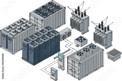 Industrial electrical substation equipment and transformers in a power generation facility viewed from above