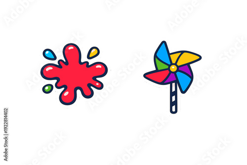 This set features a vibrant red paint splatter sticker with small colorful drops alongside a bright multicolored pinwheel toy sticker on a black background with white borders.