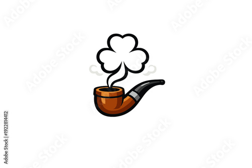 This vector illustration depicts a polished wooden smoking pipe with a black stem. Wisps of smoke rise from the bowl to form the outline of a three-leaf clover on a black background.