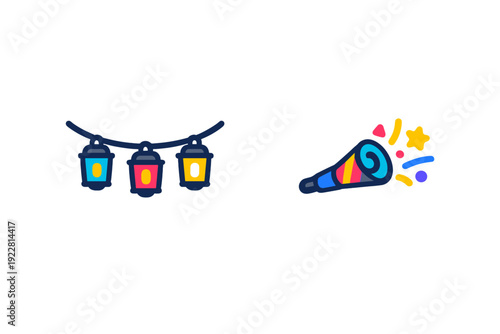 This graphic shows a string of three vibrant lanterns alongside a party popper releasing colorful confetti and a star. The elements are set against a solid black background.