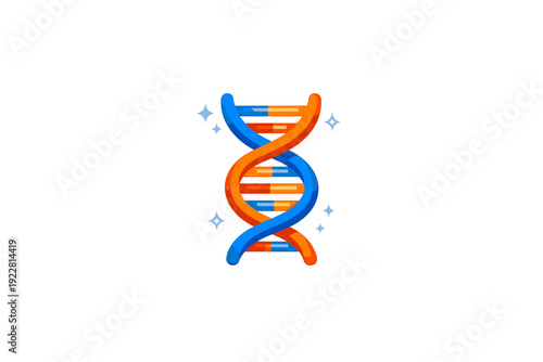 This flat illustration features a colorful DNA double helix with blue and orange strands. The genetic model is set against a black background and accented with small blue sparkles.
