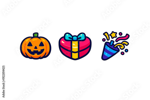 Three colorful holiday icons including a carved Halloween pumpkin, a heart-shaped gift box with a blue ribbon, and a party popper with confetti on a solid black background.