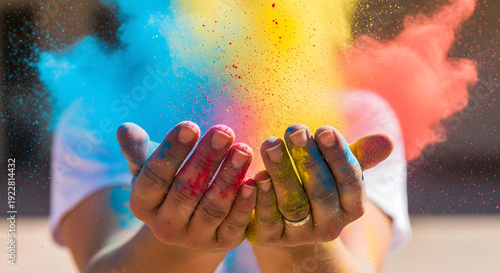 Colorful Holi powder explosion from hands, celebrating Indian festival and joy