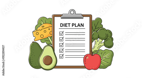 Diet plan on clipboard with healthy food and vegetables