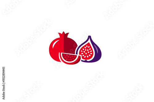 This flat design graphic depicts a whole red pomegranate next to a sliced purple fig showing its internal seeds, presented on a dark black background for high contrast.