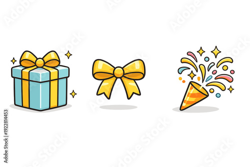 A set of three festive cartoon icons featuring a light blue gift box with a yellow ribbon, a separate yellow bow, and a colorful party popper with confetti on a black background.