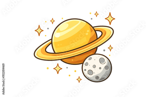 Vibrant cartoon illustration featuring a yellow ringed planet and a grey cratered moon. The scene is set against a black background filled with sparkling stars and small celestial dots.