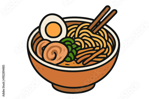 A stylized vector illustration of a steaming bowl of Japanese ramen featuring noodles, a soft-boiled egg, pork slices, and green onions with chopsticks resting on the rim.