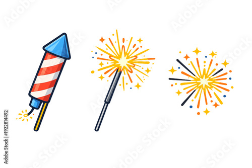 A collection of three cartoon firework illustrations including a red and white striped rocket, a lit sparkler, and a bright burst of sparks against a solid black background.