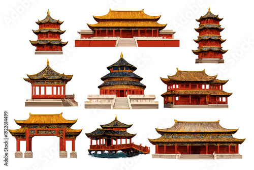 A collection of traditional Chinese architectural structures including pagodas, pavilions, and gates, featuring red walls and ornate golden roofs isolated on a black background.