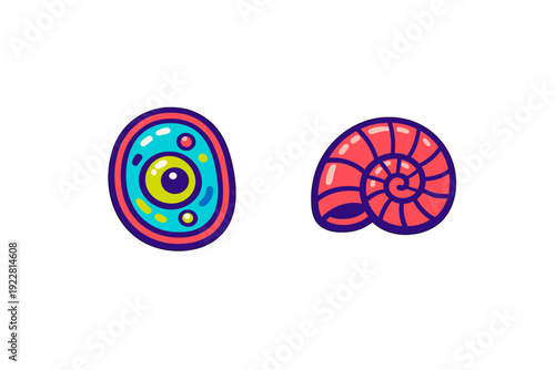 Two vibrant vector icons on a black background featuring a stylized colorful eye or cell and a pink spiral nautilus shell with bold outlines and bright highlights.