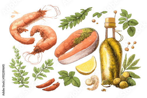 Hand-drawn botanical illustration featuring salmon, shrimp, olive oil, lemon, and fresh herbs arranged on a black background. Ideal for culinary and healthy eating concepts.