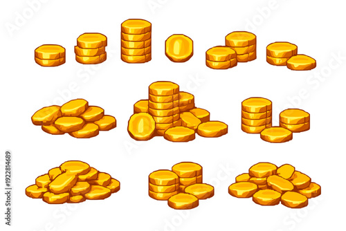 A collection of stylized golden coins arranged in various stacks and piles against a black background. The digital illustration features a cartoonish game asset style with bright highlights.