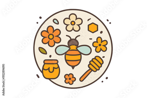 A flat minimal cartoon illustration featuring a honey bee surrounded by flowers, a honey jar, a honeycomb, and a honey dipper within a circular frame on a dark background.