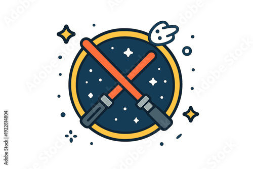 This flat vector illustration shows two crossed orange energy blades within a yellow circular border, set against a dark blue space background filled with stars and a comet.