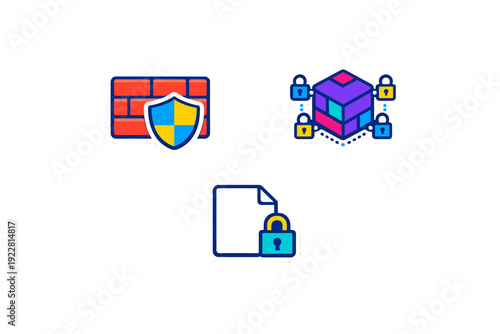 A set of three cybersecurity icons including a brick firewall with a shield, a colorful data cube with padlocks, and a locked document file on a black background.