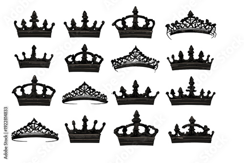 A collection of sixteen dark, ornate crowns and tiaras displayed in a grid against a solid black background. Each piece features intricate gothic or vintage details in a monochromatic style.