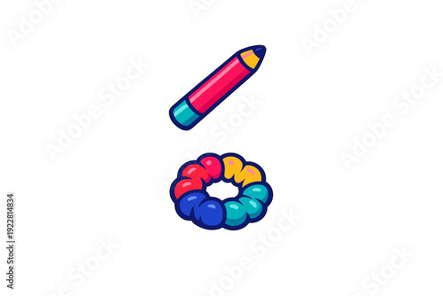 A vibrant pink pencil and a colorful segmented ring are displayed against a solid black background. The illustration features bold outlines and a playful, cartoonish style with bright colors.