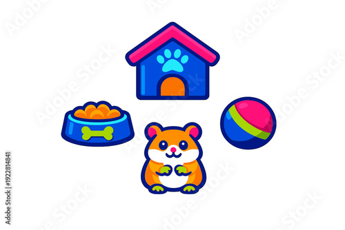 A cute cartoon hamster is surrounded by pet accessories including a blue dog house with a paw print, a food bowl filled with kibble, and a colorful toy ball on a black background.