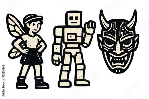 A collection of three minimalist illustrations featuring a winged fairy character, a blocky humanoid robot waving, and a traditional Japanese demon mask on a solid black background.