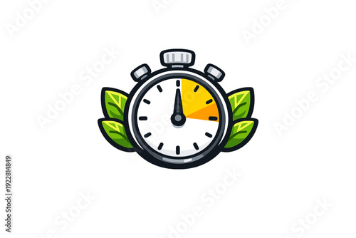 A stylized black stopwatch illustration featuring green leaves on both sides and a yellow highlighted segment on the dial, set against a solid black background to represent sustainable efficiency.