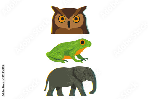 A minimalist graphic illustration featuring three stylized animals stacked vertically on a black background, including a brown owl head, a green tropical frog, and a gray elephant.