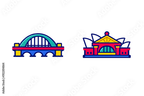 A set of two vibrant vector icons featuring a blue arched bridge and a red building with white sail structures, isolated on a solid black background for graphic design.