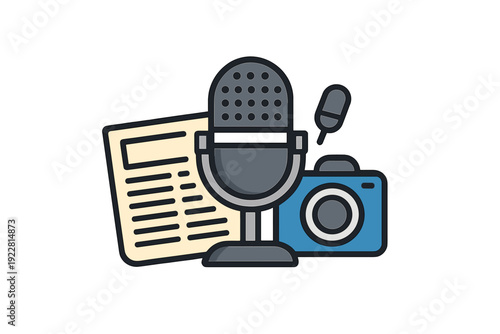 This flat vector illustration displays essential journalism tools including a large studio microphone, a blue camera, and a newspaper, symbolizing news reporting and media.