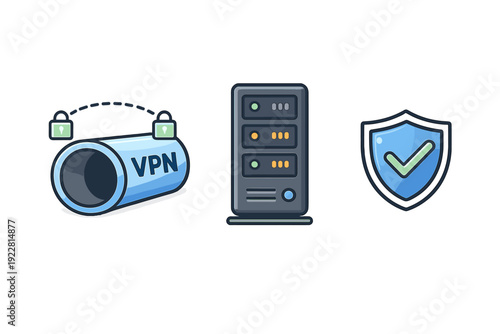 Three icons illustrating virtual private network concepts including a blue VPN tunnel with padlocks, a server rack with status lights, and a security shield with a checkmark.