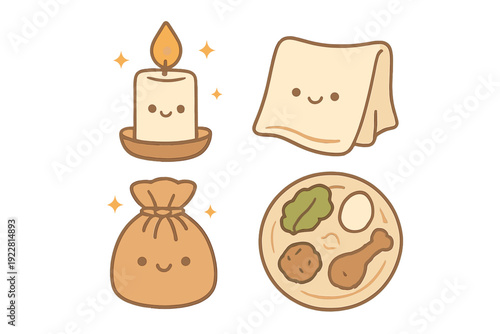 A collection of four cute cartoon characters representing Passover symbols, including a lit candle, matzah bread, a pouch, and a Seder plate with traditional food items on a black background.