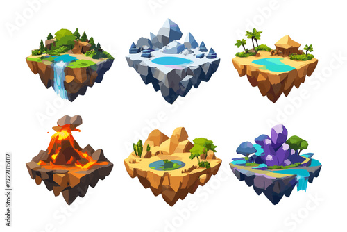 A collection of six low-poly floating islands featuring diverse biomes including forest, ice, tropical beach, volcano, desert oasis, and magical crystal landscapes on a black background.