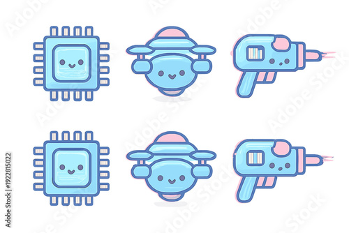A grid of six cute sci-fi icons featuring a smiling microchip, a friendly drone, and a small ray gun. The illustrations use a pastel blue and pink color palette on a black background.