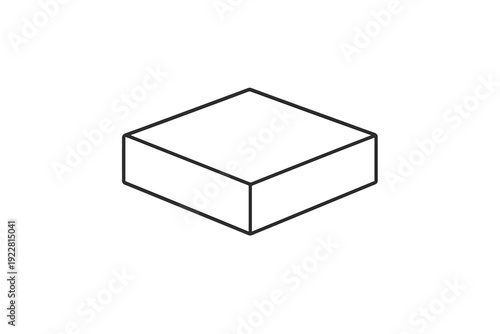 A minimalist three dimensional illustration of a white rectangular prism or slab shown from an isometric perspective against a solid black background with clean outlines.