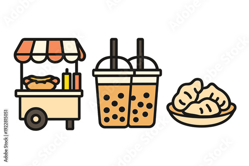A minimalist graphic illustration featuring a hot dog cart with a striped awning, two cups of bubble tea with straws, and a bowl of dumplings against a solid black background.