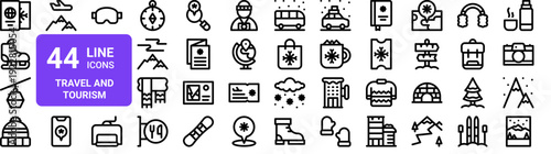 Set of 44 thin line travel and winter tourism icons including passport, ice skate, cable car, hotel, map, backpack. Vector illustration with editable stroke