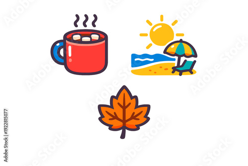 Three flat vector icons depicting seasonal themes: a red mug with marshmallows for winter, a beach scene for summer, and a maple leaf for autumn, all set against a black background.