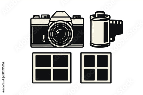 A black and white graphic illustration featuring a vintage film camera, a roll of 35mm film, and two square photo grid frames against a dark background. Ideal for creative projects.