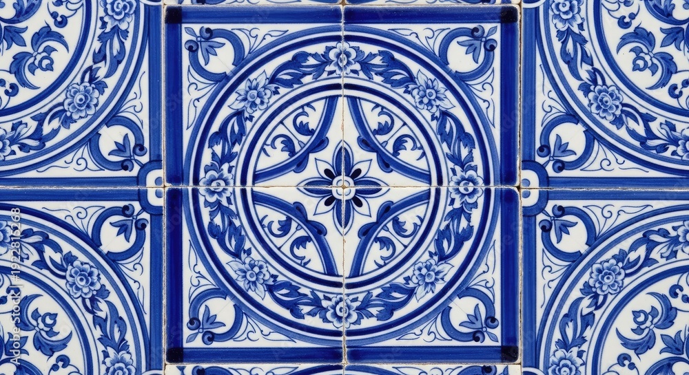 Fototapeta premium Decorative blue and white tile pattern design with repeating floral elements