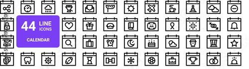 Set of 44 thin line calendar icons. Date, schedule, time, event, planner symbols. Outline stroke style vector illustration for web and app design
