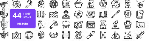 Set of 44 thin line history icons. Medieval weapons, ancient artifacts, archaeology symbols. Outline vector illustration pack with cannon, spear, shield, helmet, viking