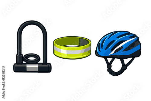A collection of essential bicycle safety equipment featuring a black metal U-lock, a bright yellow reflective armband, and a blue cycling helmet isolated on a solid black background.